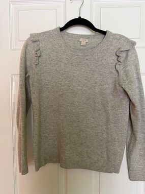 J. Crew Light Gray Ruffle Shoulder Crewneck Sweater